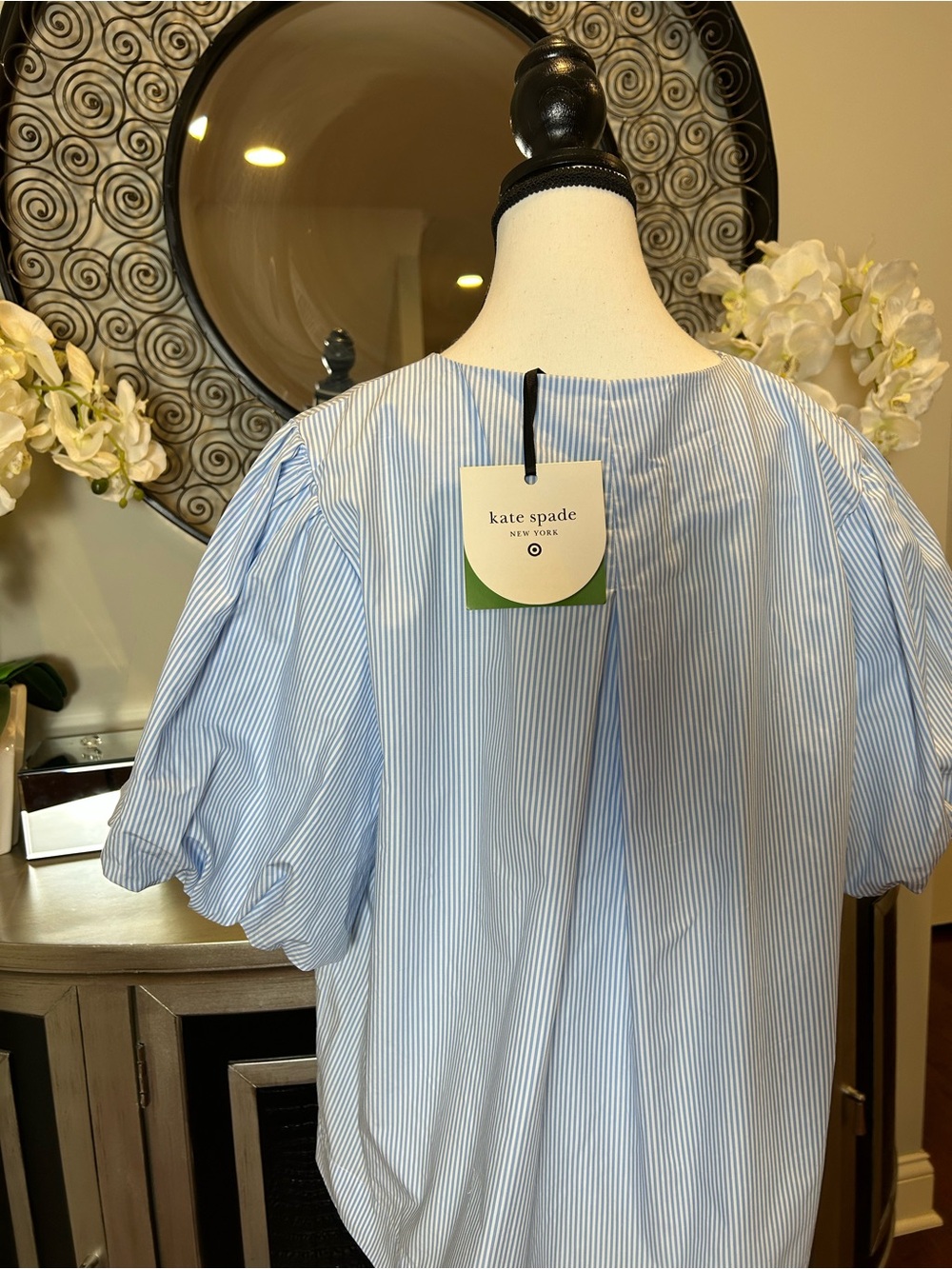 kate spade Blue and White Striped Bow-Front Puff Sleeve Blouse - Picture 8 of 12